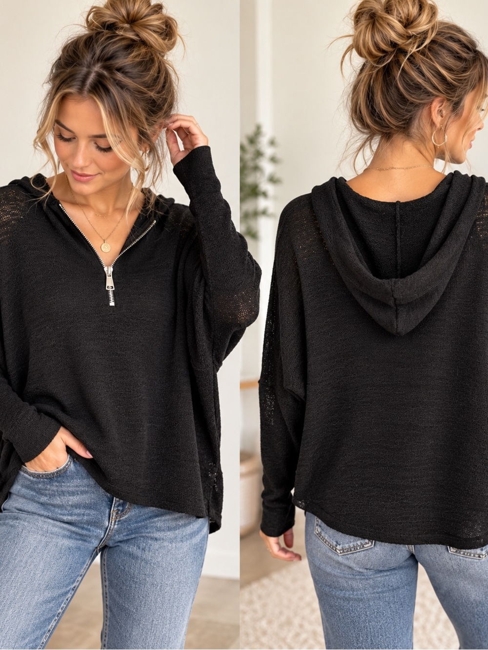 MOD Black Label Black Oversized Quarter-Zip Hooded Sweater Large